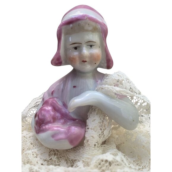 VTG Porcelain Pin Cushion Half Doll Lace Dress Pink Bonnet Rosy Cheeks - Picture 2 of 10
